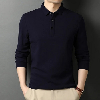 Тенденция Универсална риза с поло деколте с дълъг ръкав Мъжки дрехи Пролет Есен Ежедневни модерни едноцветни пуловери Горнища за мъже