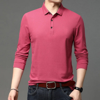 Тенденция Универсална риза с поло деколте с дълъг ръкав Мъжки дрехи Пролет Есен Ежедневни модерни едноцветни пуловери Горнища за мъже