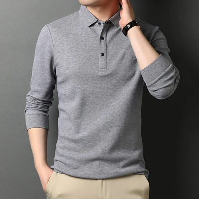 Trendikas, pikkade varrukatega polo-kaelusega polosärk Meeste riided Kevad-sügis vabaaja moodsad ühevärvilised pulloverid meeste topid