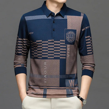 Νέα φθινοπωρινά και χειμερινά μπλουζάκια για άνδρες με μακρυμάνικο γράμμα εκτύπωσης με ριγέ μπλουζάκια πόλο μπλούζες πουλόβερ με γυριστό γιακά