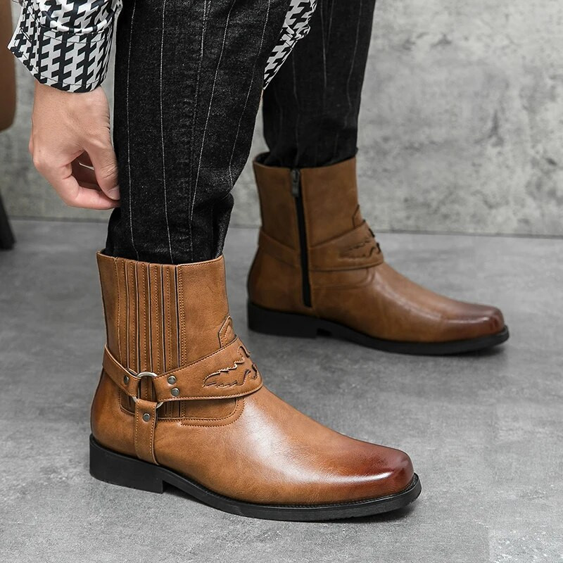 Ανδρικές δερμάτινες αγκράφες Chelsea Boots Ανδρικές μπότες Μαύρες Western Cowboy Μπότες με φερμουάρ Vintage καφέ δερμάτινες μπότες μοτοσυκλέτας