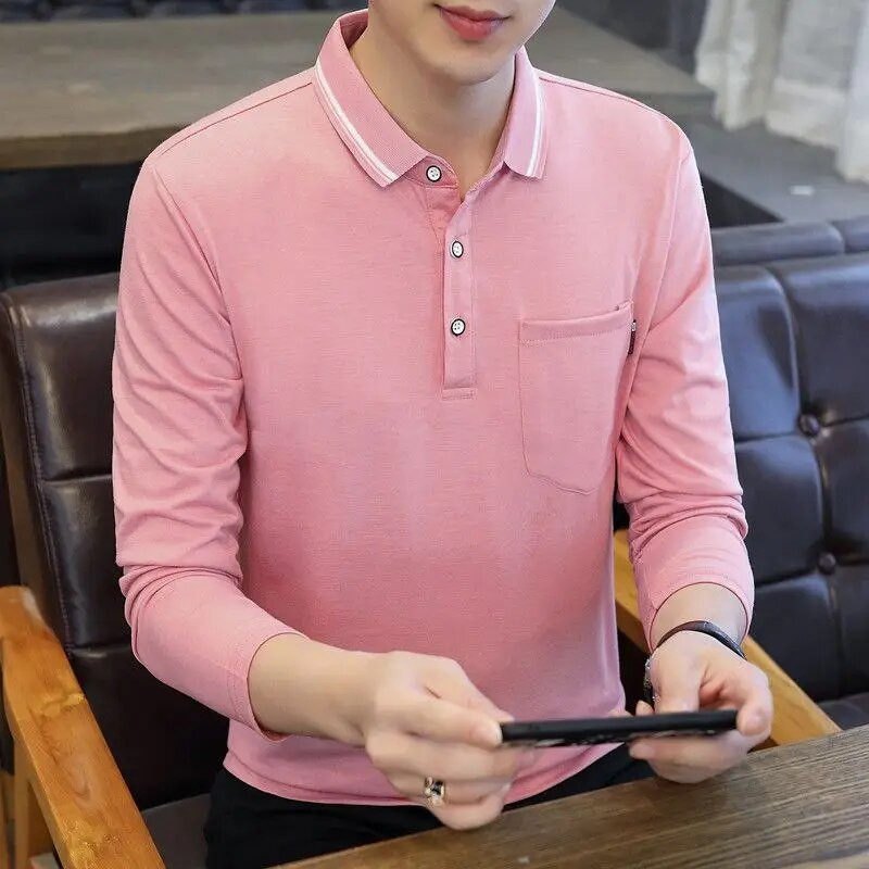 Kevadsuvi kaubamärgiga meeste särgid Polo Algne Luksuslik Disainer täis puuvillane V-kaelusega pikkade varrukatega triibulised taskud nööpidega topid