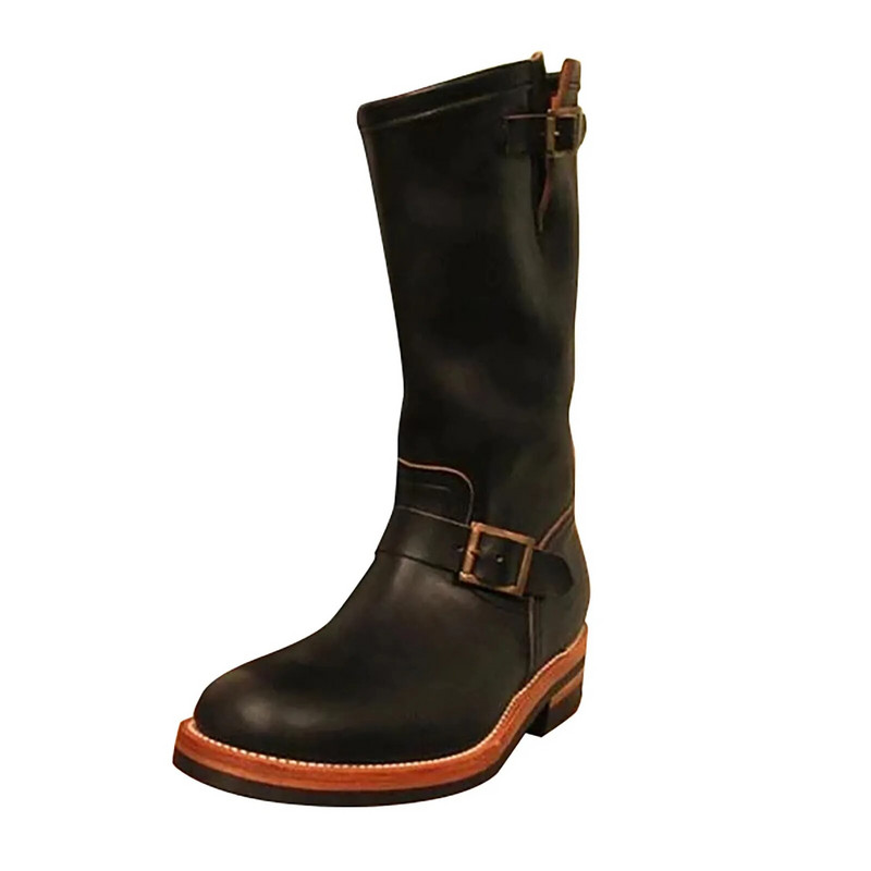 Viduriniai batai Vyriški kietos odos grynos juodos linijos pora trumpi batai vyriški moteriški odiniai batai apvalia galva Trend lokomotyvų batai