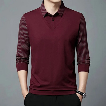 Пролетен и есенен мъжки пуловер с копчета ивица, едноцветна комбинация, фалшива тениска с дълъг ръкав от две части, поло, ежедневни горнища