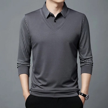Пролетен и есенен мъжки пуловер с копчета ивица, едноцветна комбинация, фалшива тениска с дълъг ръкав от две части, поло, ежедневни горнища