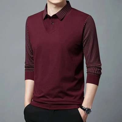 Pavasario ir rudens vyriški megztiniai su mygtukais, juostelėmis vienspalviai deriniai, netikri dviejų dalių marškinėliai ilgomis rankovėmis, laisvalaikio polo palaidinės