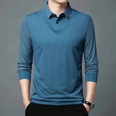 Pavasario ir rudens vyriški megztiniai su mygtukais, juostelėmis vienspalviai deriniai, netikri dviejų dalių marškinėliai ilgomis rankovėmis, laisvalaikio polo palaidinės