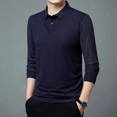 Pavasario ir rudens vyriški megztiniai su mygtukais, juostelėmis vienspalviai deriniai, netikri dviejų dalių marškinėliai ilgomis rankovėmis, laisvalaikio polo palaidinės