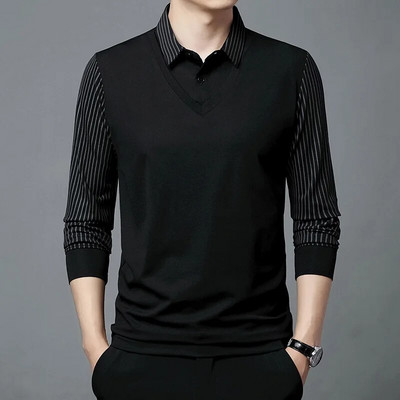Pavasario ir rudens vyriški megztiniai su mygtukais, juostelėmis vienspalviai deriniai, netikri dviejų dalių marškinėliai ilgomis rankovėmis, laisvalaikio polo palaidinės