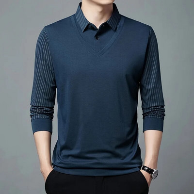 Pavasario ir rudens vyriški megztiniai su mygtukais, juostelėmis vienspalviai deriniai, netikri dviejų dalių marškinėliai ilgomis rankovėmis, laisvalaikio polo palaidinės