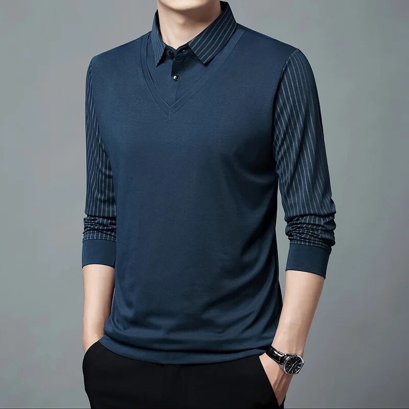 Pavasario ir rudens vyriški megztiniai su mygtukais, juostelėmis vienspalviai deriniai, netikri dviejų dalių marškinėliai ilgomis rankovėmis, laisvalaikio polo palaidinės