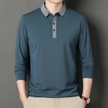 Пролетен и есенен мъжки пуловер с ревери и копчета Контрастна тениска с дълъг ръкав Поло долнище Модни ежедневни официални горнища в английски стил