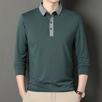 Пролетен и есенен мъжки пуловер с ревери и копчета Контрастна тениска с дълъг ръкав Поло долнище Модни ежедневни официални горнища в английски стил