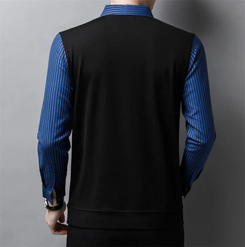 Нова мъжка ежедневна и модерна тениска ПОЛО с дълги ръкави и контрастен принт против бръчки