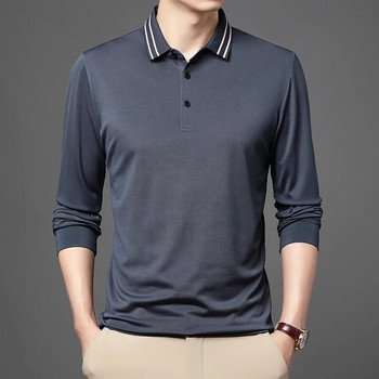 Корейска нова мъжка едноцветна тениска с дълъг ръкав Бизнес поло риза с копчета и ревери против бръчки
