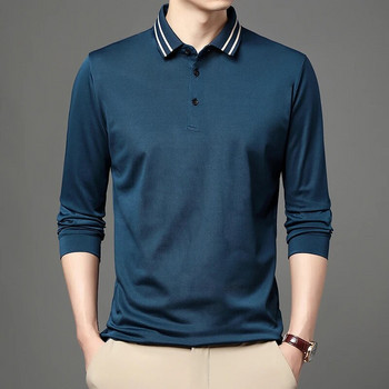 Корейска нова мъжка едноцветна тениска с дълъг ръкав Бизнес поло риза с копчета и ревери против бръчки