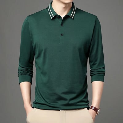 Korejas jauns vīriešu vienkrāsains T-krekls ar garām piedurknēm biznesa atloka pogas pretgrumbu polo krekls