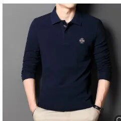 Jauns rudens ziemas nolaižams apkakles ar garām piedurknēm vīriešu pērļu kokvilnas polo T-krekls, biznesa ikdienas izšuvums, plāni elpojoši topi