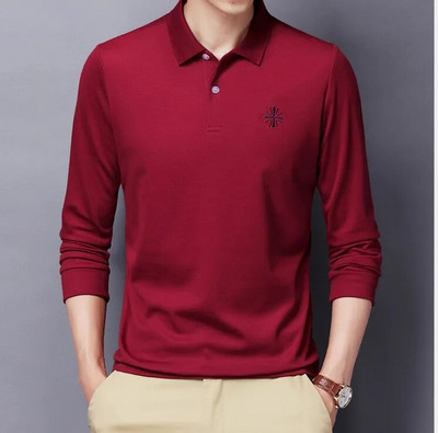 Jauns rudens ziemas nolaižams apkakles ar garām piedurknēm vīriešu pērļu kokvilnas polo T-krekls, biznesa ikdienas izšuvums, plāni elpojoši topi