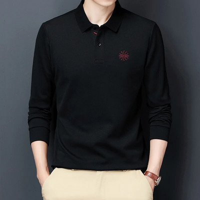 Jauns rudens ziemas nolaižams apkakles ar garām piedurknēm vīriešu pērļu kokvilnas polo T-krekls, biznesa ikdienas izšuvums, plāni elpojoši topi