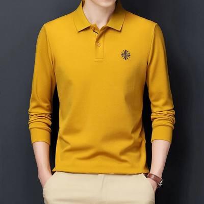 Jauns rudens ziemas nolaižams apkakles ar garām piedurknēm vīriešu pērļu kokvilnas polo T-krekls, biznesa ikdienas izšuvums, plāni elpojoši topi