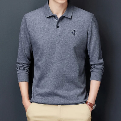 Jauns rudens ziemas nolaižams apkakles ar garām piedurknēm vīriešu pērļu kokvilnas polo T-krekls, biznesa ikdienas izšuvums, plāni elpojoši topi