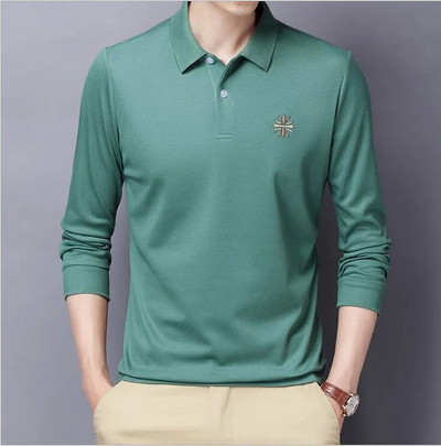 Jauns rudens ziemas nolaižams apkakles ar garām piedurknēm vīriešu pērļu kokvilnas polo T-krekls, biznesa ikdienas izšuvums, plāni elpojoši topi