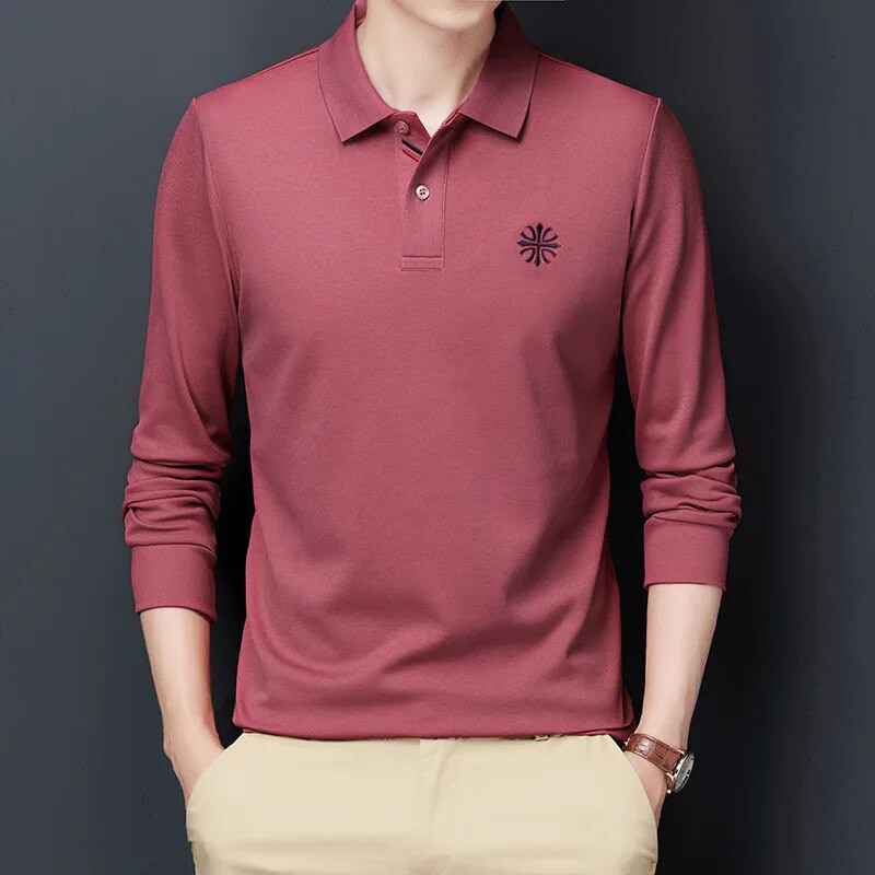 Jauns rudens ziemas nolaižams apkakles ar garām piedurknēm vīriešu pērļu kokvilnas polo T-krekls, biznesa ikdienas izšuvums, plāni elpojoši topi