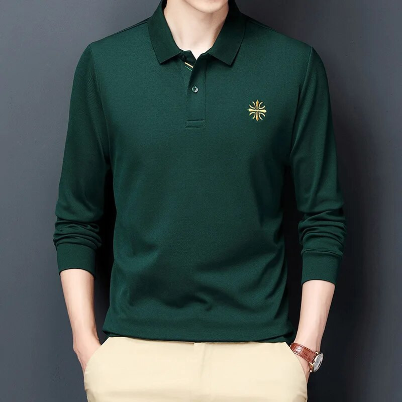 Jauns rudens ziemas nolaižams apkakles ar garām piedurknēm vīriešu pērļu kokvilnas polo T-krekls, biznesa ikdienas izšuvums, plāni elpojoši topi