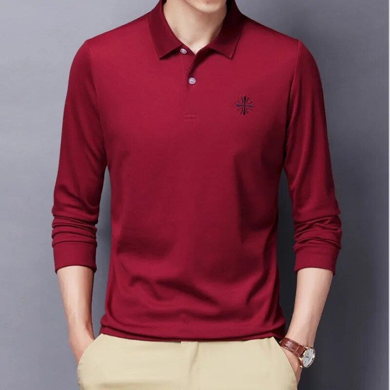 Jauns rudens ziemas nolaižams apkakles ar garām piedurknēm vīriešu pērļu kokvilnas polo T-krekls, biznesa ikdienas izšuvums, plāni elpojoši topi