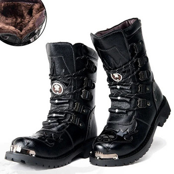 Зимни мъжки мотоциклетни ботуши Нова мода Пънк рок пънк обувки до средата на прасеца Мъжки черни високи мъжки ежедневни ботуши от  кожа 38-46