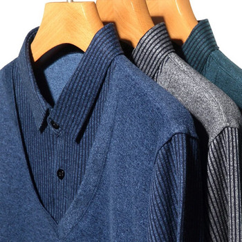 Нова мода Мъжки раирани ризи за мъже Едноцветни ежедневни дизайнерски горнища с дълги ръкави Яка с копчета Мъжки фалшиви дрехи от две части