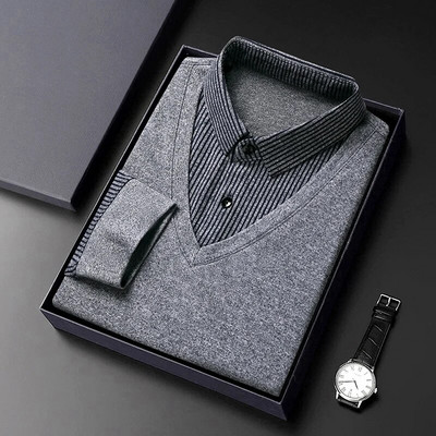 Jauni modes vīriešu svītraini krekli vīriešiem vienkrāsains ikdienas dizaineru topi ar garām piedurknēm pogas apkakle Vīriešu viltus divdaļīgs apģērbs