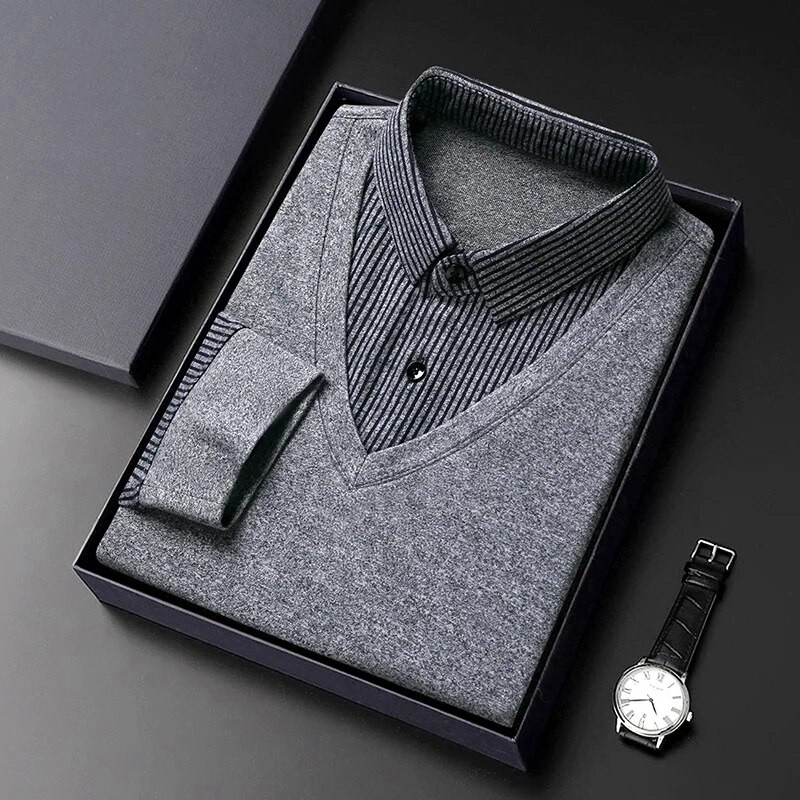 Jauni modes vīriešu svītraini krekli vīriešiem vienkrāsains ikdienas dizaineru topi ar garām piedurknēm pogas apkakle Vīriešu viltus divdaļīgs apģērbs