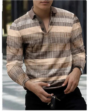 Ανδρικό ανοιξιάτικο καλοκαιρινό μακρυμάνικο μπλουζάκι πόλο ανδρικό μπλουζάκι με γεωμετρικό μάτισμα εμπριμέ ρούχα Top Tees Streetwear Slim Fit