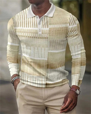 Мъжка ежедневна пролетна лятна поло тениска с дълъг ръкав Мъжка тениска Геометрично снаждане Дрехи с щампи Топ тениски Streetwear Slim Fit