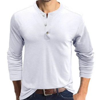 Мъжки тениски с дълги ръкави с яка и дълги ръкави, едноцветна ежедневна тениска с едно гърне и джоб, мека, удобна долна риза за есента