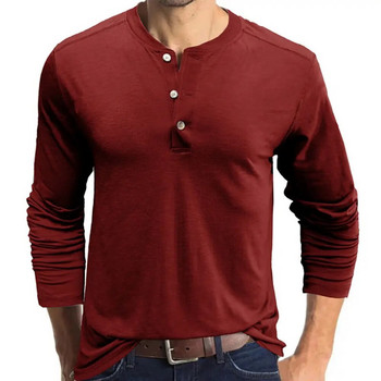 Мъжки тениски с дълги ръкави с яка и дълги ръкави, едноцветна ежедневна тениска с едно гърне и джоб, мека, удобна долна риза за есента