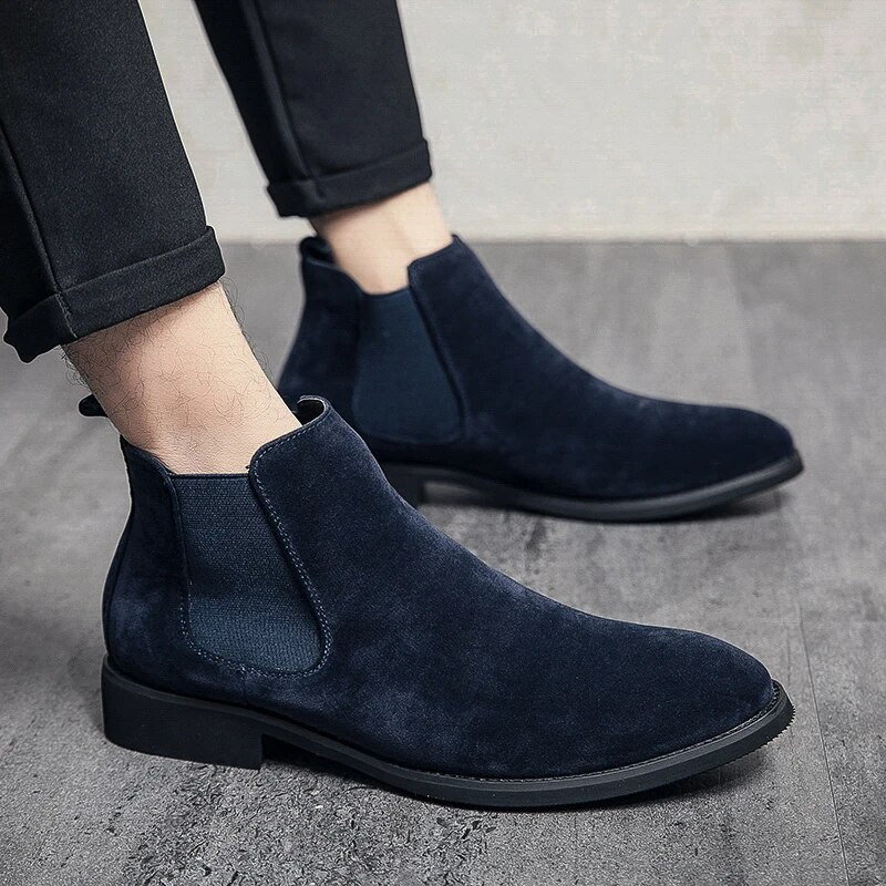 Chelsea čizme za muškarce, crna umjetna antilop koža, poslovni špic, ručno rađene modne gležnjače, ležerne kratke čizme, muške kožne čizme