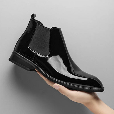 Man Chelsea Boots Black Casual Slip on Short Boots Vintage Fashion Cowboy Ankle Boots Patent Leather Casual Shiny Ankle Boots