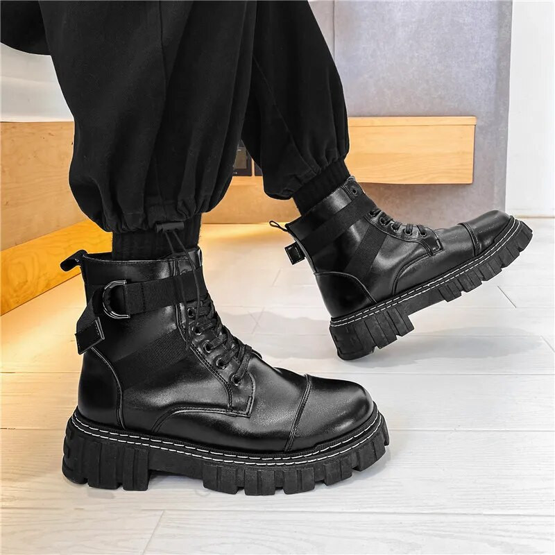 2022 m. naujos mados juodi vyriški motociklininko batai, patogūs platforminiai, vyriški, suvarstomi, laisvalaikio batai botas hombre