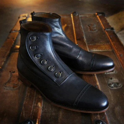 Ботуши Челси за мъже Леки предпазни обувки Каубойски ботуши Мъжки официални обувки с високи глезени Черни кожени ботуши с копчета Винтидж ботуши с нисък ток