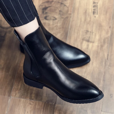 Concise Elastic Band Slip-on City Men Businesss Boots Luxury Mid Calf Leather Chelsea Boots Dress Boots Ankle Boot FREE SHIPPING