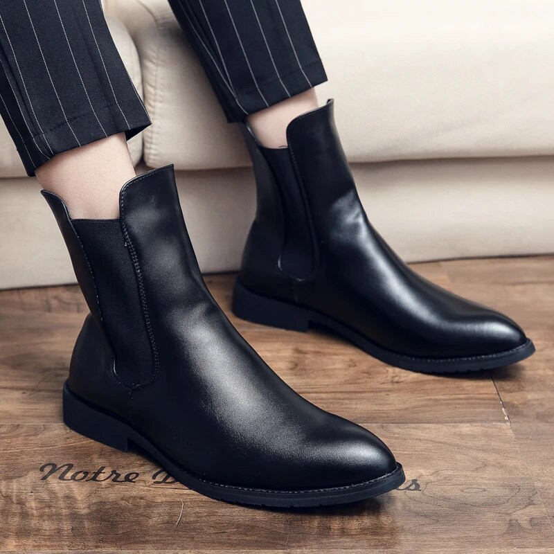 Concise Elastic Band Slip-on City Men Business Boots Luxury Mid Calf Δερμάτινες Μπότες Chelsea Μπότες Φόρεμα Μπότες Αστραγάλου ΔΩΡΕΑΝ ΑΠΟΣΤΟΛΗ