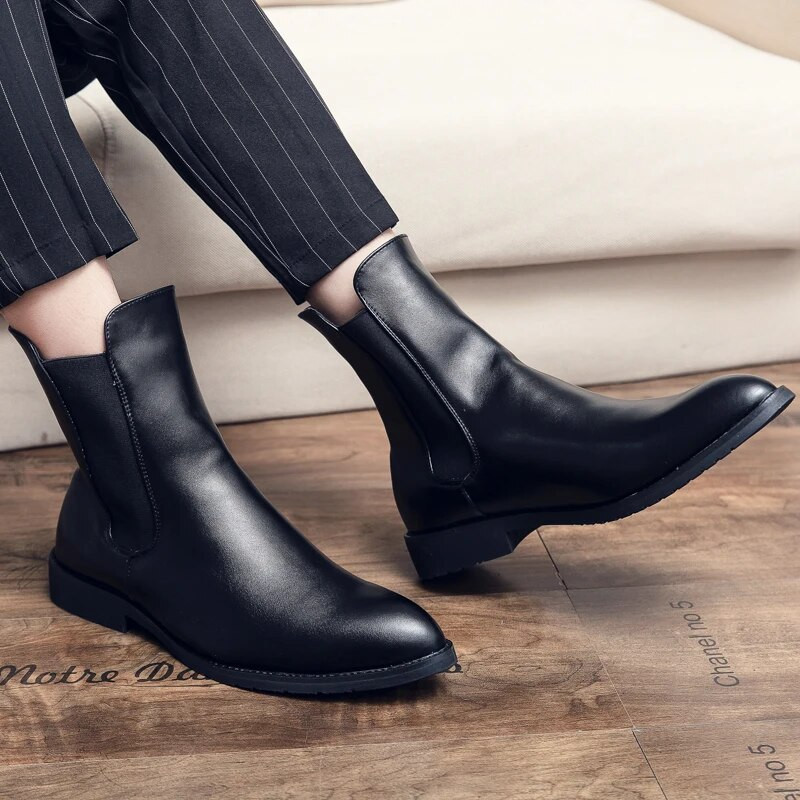 Concise Elastic Band Slip-on City Men Business Boots Luxury Mid Calf Δερμάτινες Μπότες Chelsea Μπότες Φόρεμα Μπότες Αστραγάλου ΔΩΡΕΑΝ ΑΠΟΣΤΟΛΗ