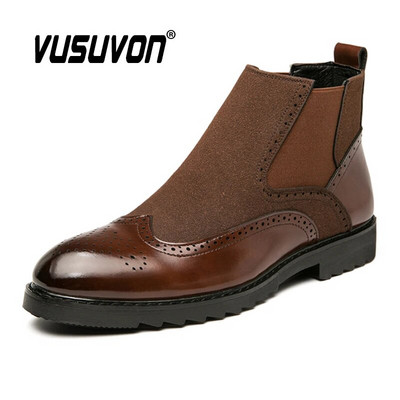 Men Casual Boots Retro Stitching Leather Oxford Brogue Shoes Breathable Autumn Winter Classic Mens Boots Slip On Footwear