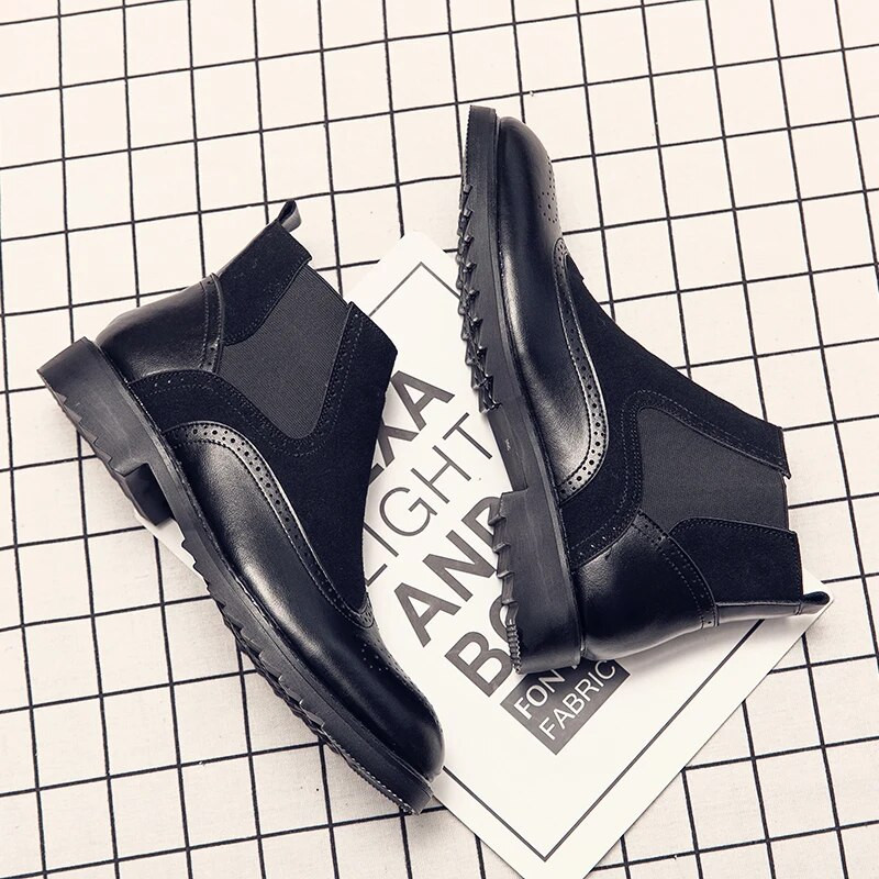 Ανδρικές μπότες casual ρετρό ραφές, δερμάτινα παπούτσια Oxford Brogue που αναπνέουν φθινοπωρινά κλασικά ανδρικά μποτάκια slip on παπούτσια