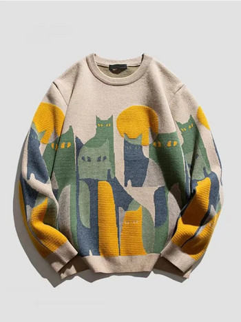 2023 Есенен плетен пуловер Мъже Жени Зима Harajuku Cartoon Full Cat Print Pulover Vintage Causal Свободни пуловери Streetwear