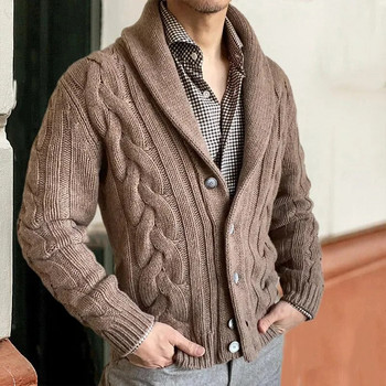 2024 Есен Зима Нова плетена жилетка Мъжки ревер с дълъг ръкав Усукан пуловер Палто Модно ежедневно