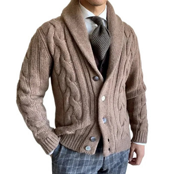 2024 Есен Зима Нова плетена жилетка Мъжки ревер с дълъг ръкав Усукан пуловер Палто Модно ежедневно